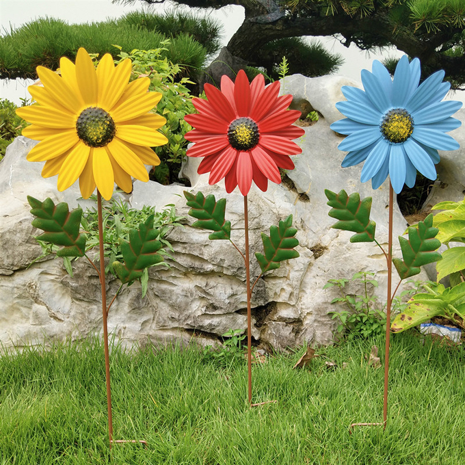 Sonnenblumen-Windmühlen-Metallfeuerrad-Garten-Stangen-Wind-Skulpturen für Balkon-Patio-Rasen-Dekorations-Yard-Verzierung im Freien