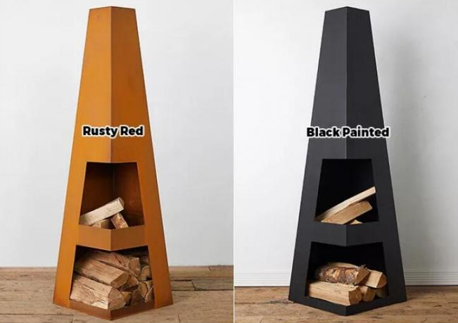 Hölzerner brennender Rost, der Feuer-Pyramide Stahlobelisk Chiminea im Freien verwittert