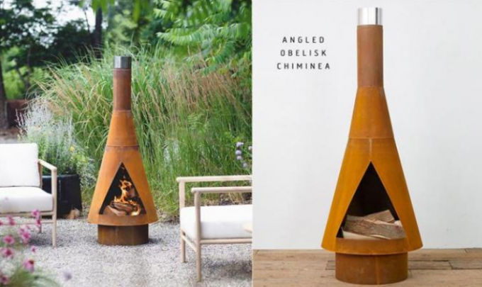 Hölzerner brennender Kamin im Freien rustikaler winkliger StahlObelisk Chiminea Corten
