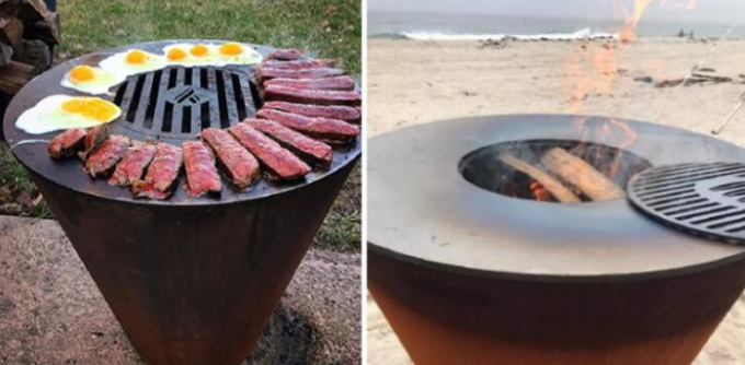 Hölzerner brennender Kegel, der kochenden Stahlgrill im Freien für kampierenden Grill verwittert