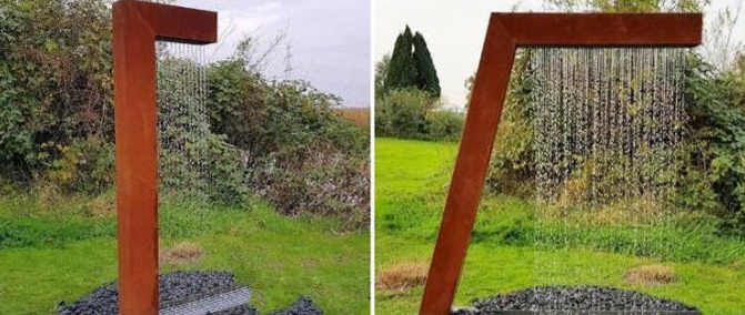Kaskadierende L-förmige regen-Vorhang-Brunnen-Wasser-Eigenschaften Corten Stahlim freien