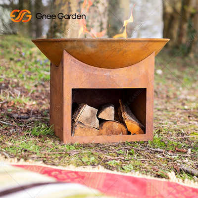 Rundes Garten-Holz im Freien, das Stahlfeuer-Grube 3mm Corten mit Holzlagerung brennt