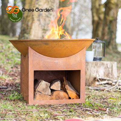 Rundes Garten-Holz im Freien, das Stahlfeuer-Grube 3mm Corten mit Holzlagerung brennt