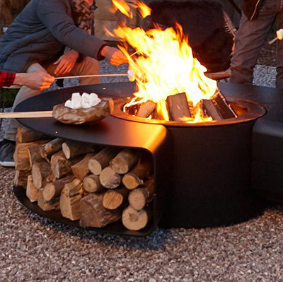 Runde brennholz-Speicher-Metallmöbel-im Freien hölzernes Halter-Feuer Pit Table With Chairs Corten Stahl